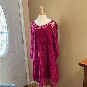 Elegant Long Sleeve Lace Dress in Rich Magenta